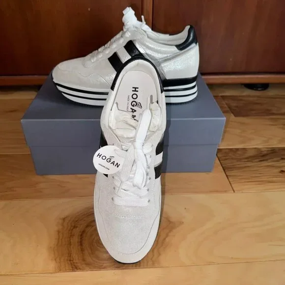 NEW Hogan Midi Platform H483 Silver/White Black Women's Trainer Sneakers Sz 38